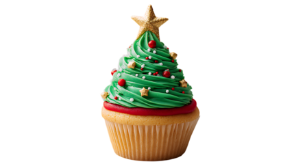 Christmas tree cupcake with green frosting and star topper festive holiday dessert for seasonal celebrations isolated on white background.