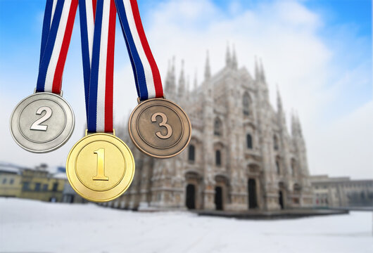 medals against the backdrop of Milano with the  in a blurred background, winter olympic games 2026