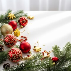 Elegant Christmas background with red and gold ornaments, fir branches, candy cane, and small gift