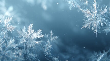 Abstract snowflakes, snowy background in icy pale blue tones, soft falling snow flakes with glowing edges, frosty crystalline texture, 3D render look.