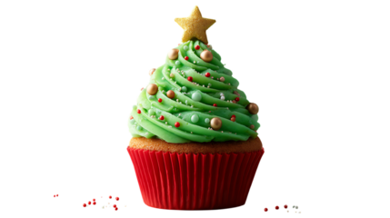 Christmas tree cupcake with green frosting and star topper festive holiday dessert for celebrations isolated on white background.
