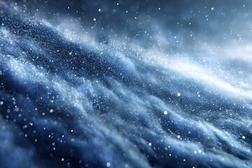 Arctic blue crystalline snowstorm with sparkling dust in motion, immersive 3D depth, dynamic holiday banner style.