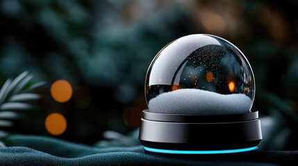 Snow globe containing sparkling golden Christmas trees and soft falling snow, creating a magical winter wonderland scene with warm bokeh lights for the holiday season celebration
