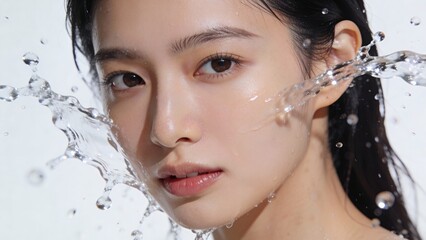 水しぶきの中でこちらを見つめる美しい肌の日本人女性