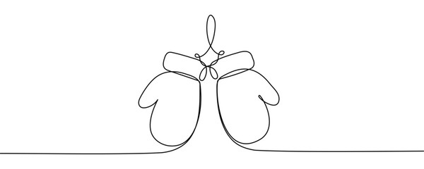 Winter Mittens one line drawing, Santa Christmas mittens. Continuous linear drawing of mittens. Vector illustration. 