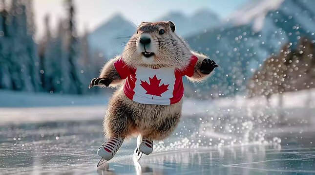 A cheerful Canadian beaver wearing a T-shirt with the Canadian flag skates on a frozen lake with mountains in the background. Concept of Canada's national symbol.