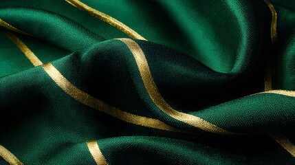 Rich emerald green fabric with shimmering gold diagonal stripes creates a luxurious textured background pattern