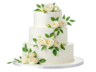 Three Tier White Wedding Cake with Roses isolated on a transparent background