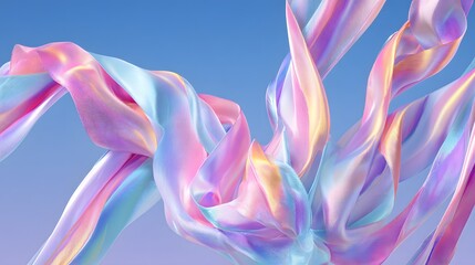 Fototapeta premium Abstract iridescent flowing fabric ribbons dance against a soft blue gradient background in digital art