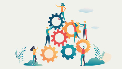 Obraz premium People working together to build with gears, an isometric illustration symbolizing teamwork, collaboration, and achieving common goals