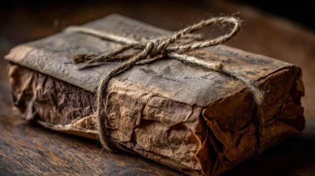 Close Up Of A Vintage Package Wrapped In Textured Brown Paper With String Tied In A Bow On A Dark Wooden Table Giving Off A Rustic And Antique Feel