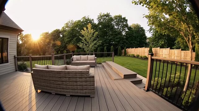 Experience the serene beauty of a spacious outdoor living area, showcasing a meticulously designed, multi-level composite deck bathed in the warm glow of evening sunlight. This inviting scene features