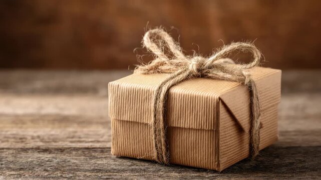 Rustic Kraft Paper Gift Box Tied with Jute Twine on Distressed Wood Table Against Blurred Brown Backdrop Presents a Warm and Authentic Aesthetic