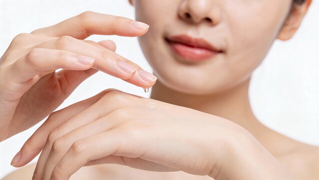 手の甲に美容液を垂らしてテクスチャを確かめる女性