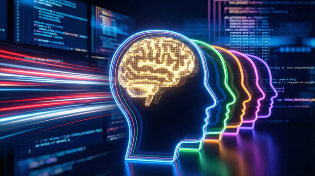 Neon AI brain with human head silhouettes, generative artificial intelligence, deep learning and digital mind data.