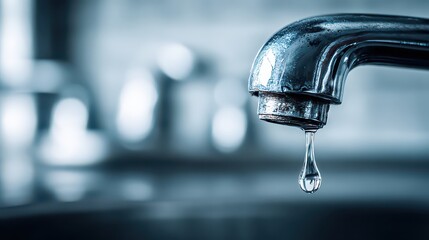 Close up of a chrome water faucet with a single drop of water falling and blue toned background.
