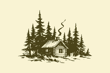 Fototapeta premium Forest cabin with pine trees minimalist hand drawn vector illustration