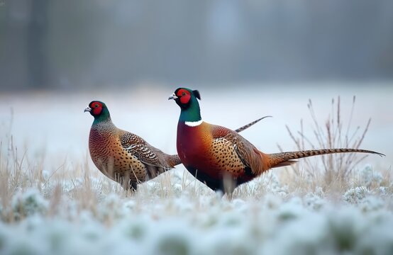Two pheasants stand in frosted grass field during early spring morning light. Male bird shows bright colorful plumage and long tail feathers. Female bird has camouflaged patterned feathers.