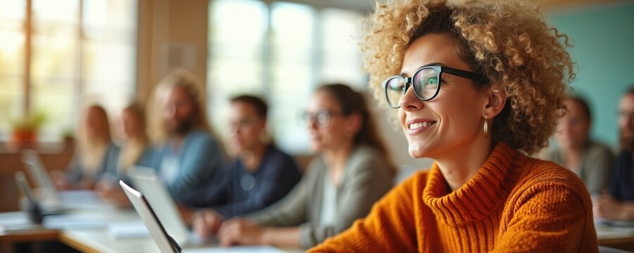 Smiling woman in glasses attends pro development workshop. Group of teachers work together. Colleagues learn new collaborative teaching methods. Training session promotes education improvement,