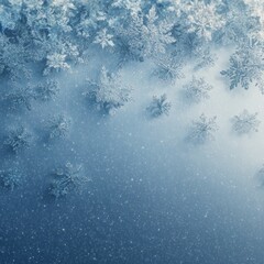 snowflakes on abstract Christmas winter 3D effect background. Pale arctic blue gradient with soft shimmering snowfall, layered translucent snowflakes, minimal aesthetic