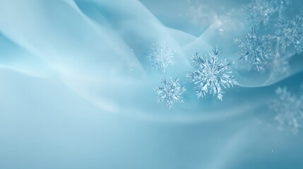 snowflakes on abstract Christmas winter 3D effect background. Pale arctic blue gradient with soft shimmering snowfall, layered translucent snowflakes, minimal aesthetic
