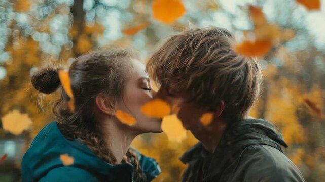 A loving teenage couple kisses gently in a park during fall, with golden leaves floating around them. The scene captures youthful romance and the beauty of autumn in a magical, cinematic style