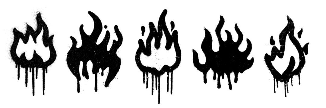 Set of grunge messy graffiti spray painted flames with drips and splatters