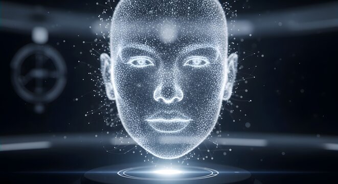 Holographic digital human face constructed from glowing particles represents artificial intelligence and futuristic technology concepts - Powered by Adobe