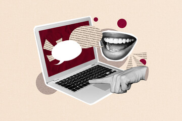 Fototapeta premium Trend artwork design collage sketch of laptop web app dialog conversation speech sticker quote mouth lips smile finger point show display