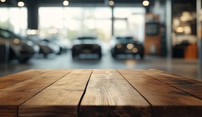 A wooden table in the foreground, with blurry car showroom background