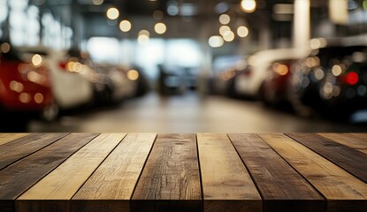 A wooden table in the foreground, with blurry car showroom background