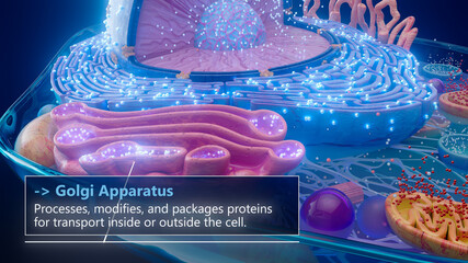 3D illustration of the Golgi apparatus processing proteins