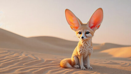Naklejka premium Fennec fox with oversized ears sitting on desert sand at sunset, depicting Cloud Dancer color trend 2026. Color of the Year 2026. Cloud Dancer