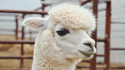 Fototapeta premium White alpaca head shot looking away, fluffy Cloud Dancer fur, a gentle color trend for 2026. Color of the Year 2026. Cloud Dancer