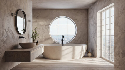 Cloud Dancer bathroom interior, featuring freestanding bathtub and round window with mountain view, 2026 trend. Color of the Year 2026. Cloud Dancer