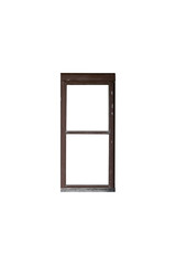 Black wooden vertical window frame with two openings is isolated.