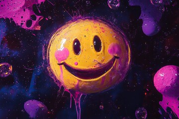 A yellow smiley face made of oil and pink bubbles floating in a black space