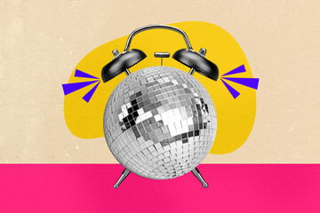 Trend artwork composite 3D photo collage design of entertainment clubber carefree night discoball clock shape party time hurry fast