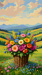 Flower basket countryside scene