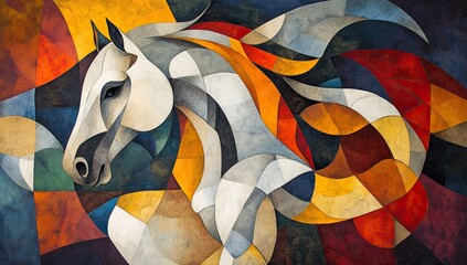 Abstract art of an elegant horse, with a flowing mane and tail in shades of white