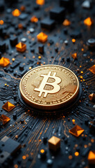 Artistic Focus on Gold Bitcoin Texture and Circuitry Lighting
