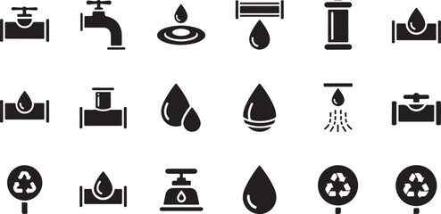 Black icons of water droplets and taps on white background