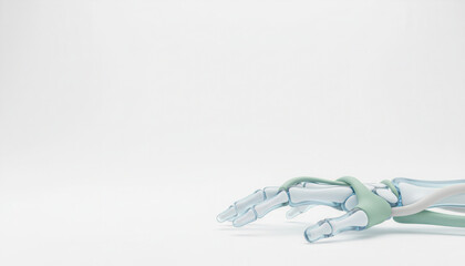 Aesthetic semi-transparent glass rendering of human hand bones and ligaments. Concept of modern orthopedics, joint pain, prosthetics, and futuristic medical materials.