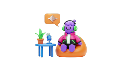 3D Cartoon Character Podcasting with Microphone and Headphones