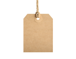 A blank, brown, rectangular tag hangs from twine