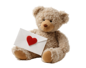 Cute brown teddy bear toy holding love envelope with red heart. romantic gift with valentine message, this sweet plush symbol of affection and romance