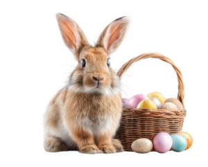 Cute fluffy brown easter bunny sits by festive basket holding colorful eggs. charming rabbit represents spring holiday and tradition of an egg hunt