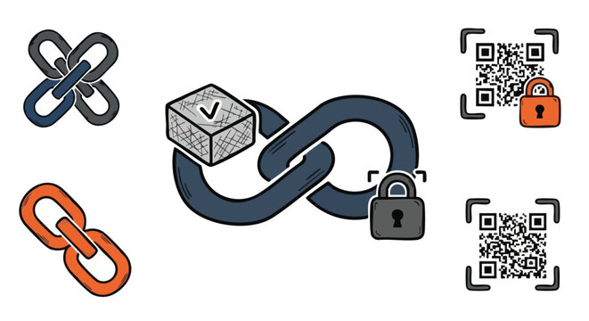 Digital security and data integrity concepts illustrated with blockchain links, locks, and QR codes.