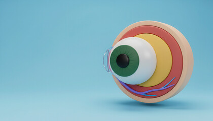 Stylized and colorful 3D cross-section of a human eye. Educational biology concept for children showing eye layers, lens, and retina.
