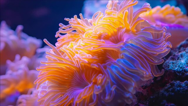 Close up of colorful marine life with polyps swaying in blue ocean depths.